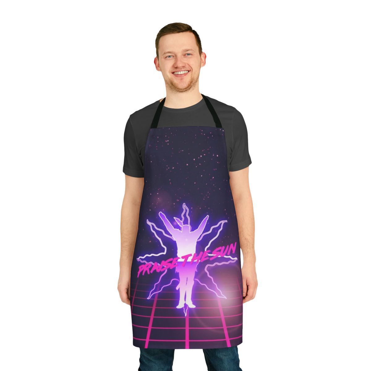 Stylized retro 80s apron featuring the iconic "Praise the Sun" symbol from the Dark Souls game series