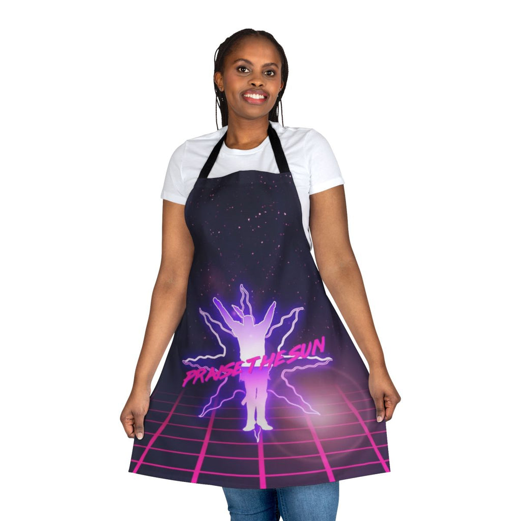 Stylized retro 80s apron featuring the iconic "Praise the Sun" symbol from the Dark Souls game series
