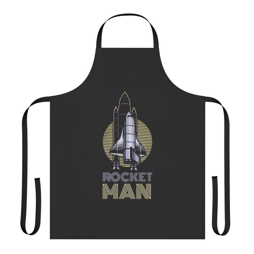 Retro-inspired kitchen apron featuring a rocket ship and 'Rocket Man' design, inspired by the music of Elton John