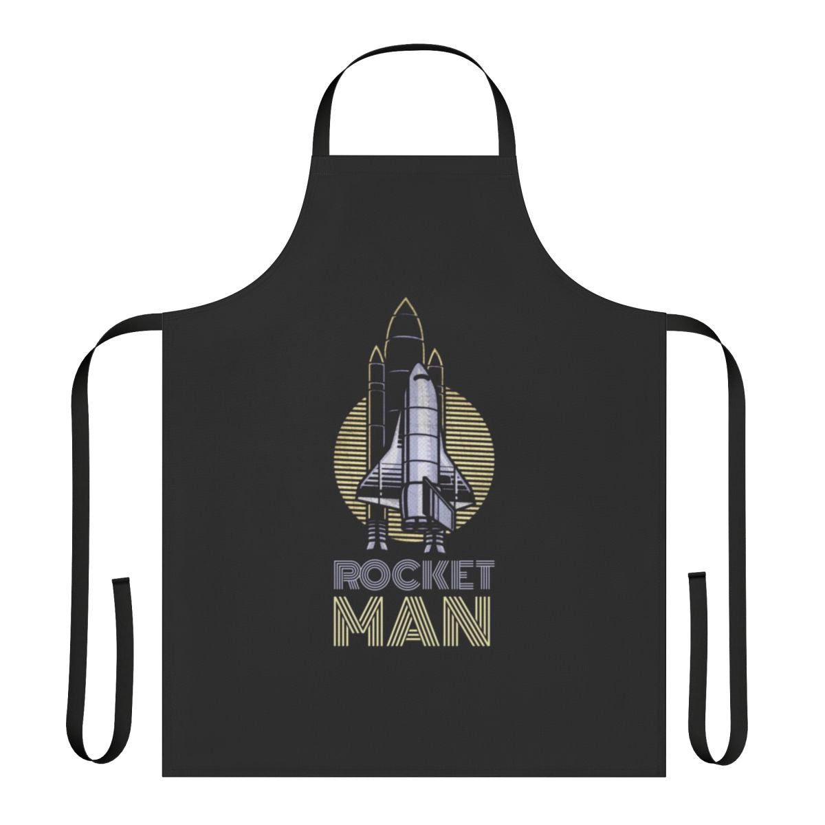 Retro-inspired kitchen apron featuring a rocket ship and 'Rocket Man' design, inspired by the music of Elton John