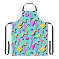 Vintage 80s style apron with a vibrant memphis pattern design featuring geometric shapes and flamingos