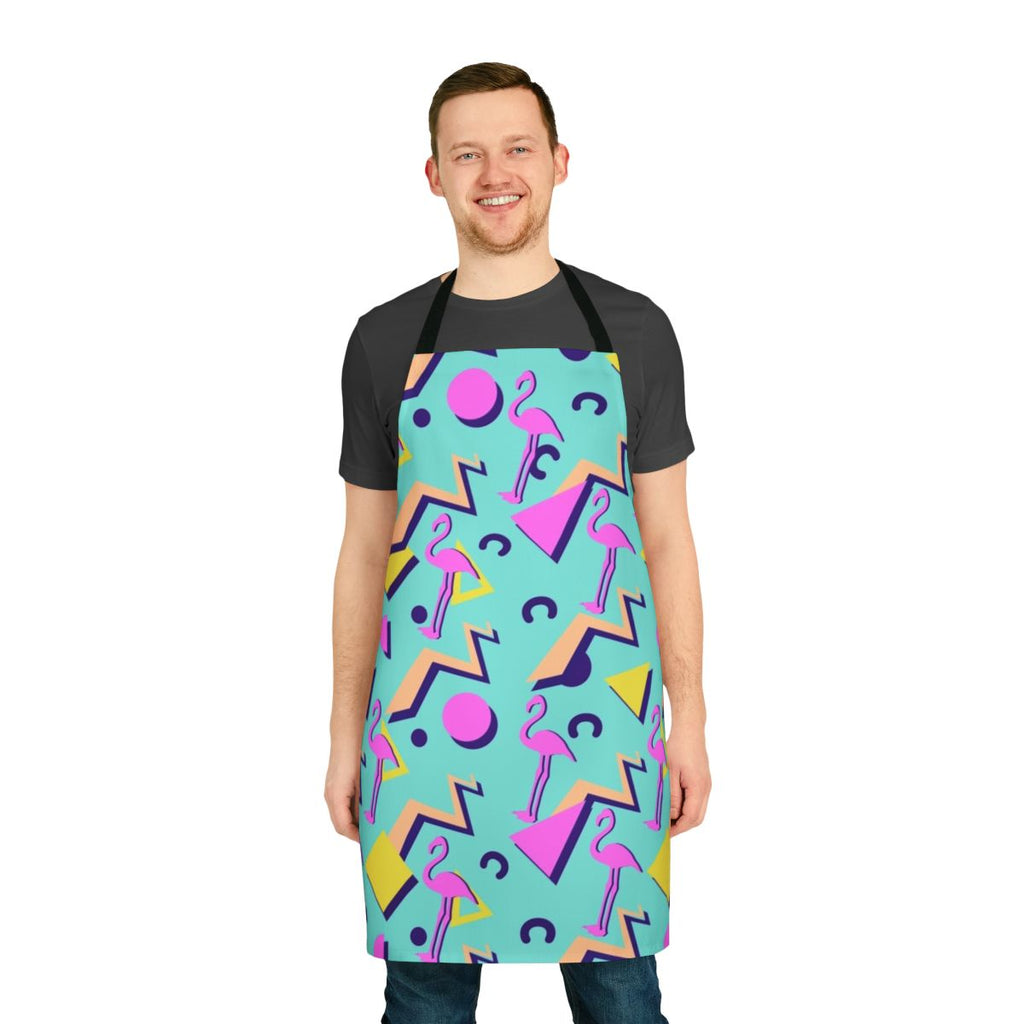 Vintage 80s style apron with a vibrant memphis pattern design featuring geometric shapes and flamingos