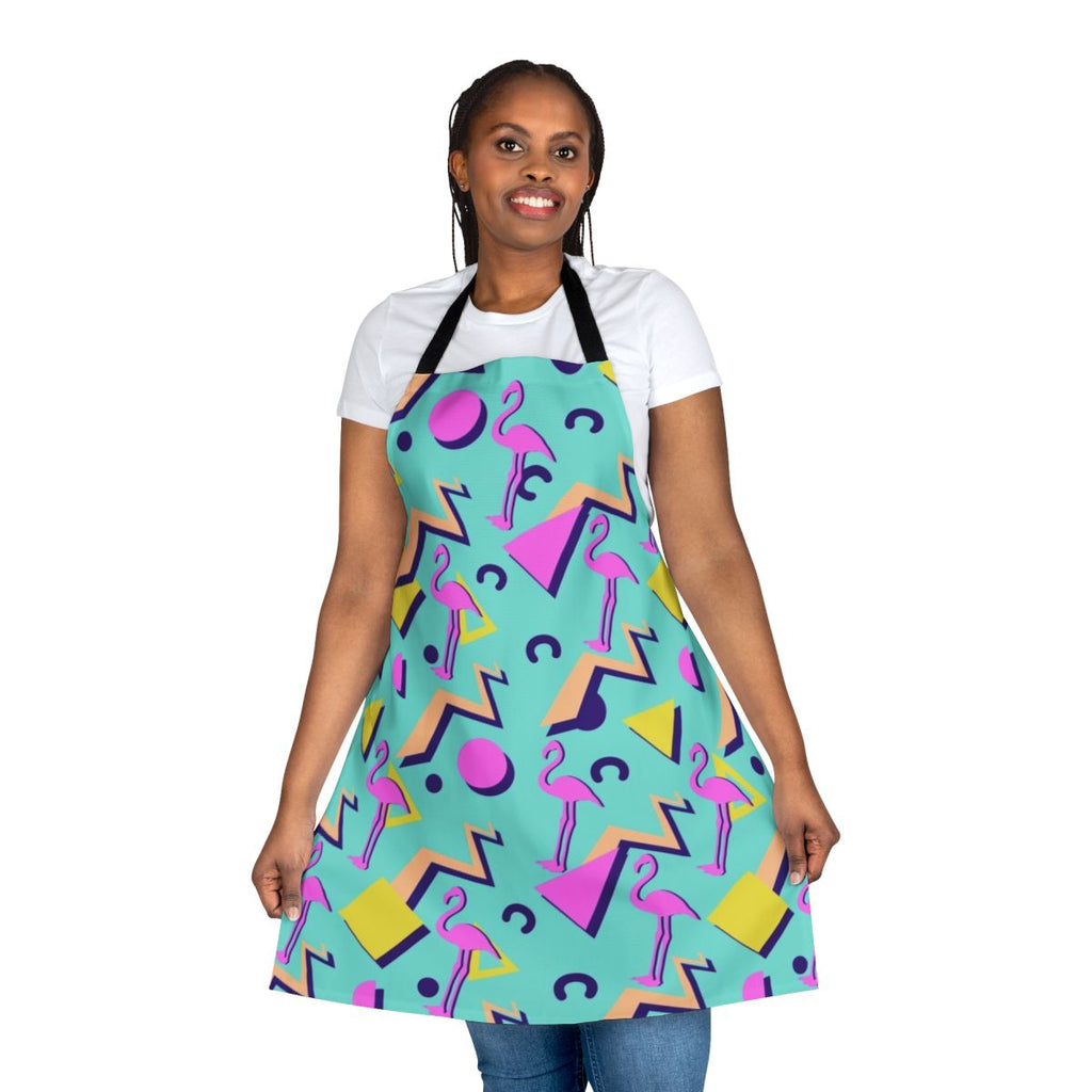 Vintage 80s style apron with a vibrant memphis pattern design featuring geometric shapes and flamingos