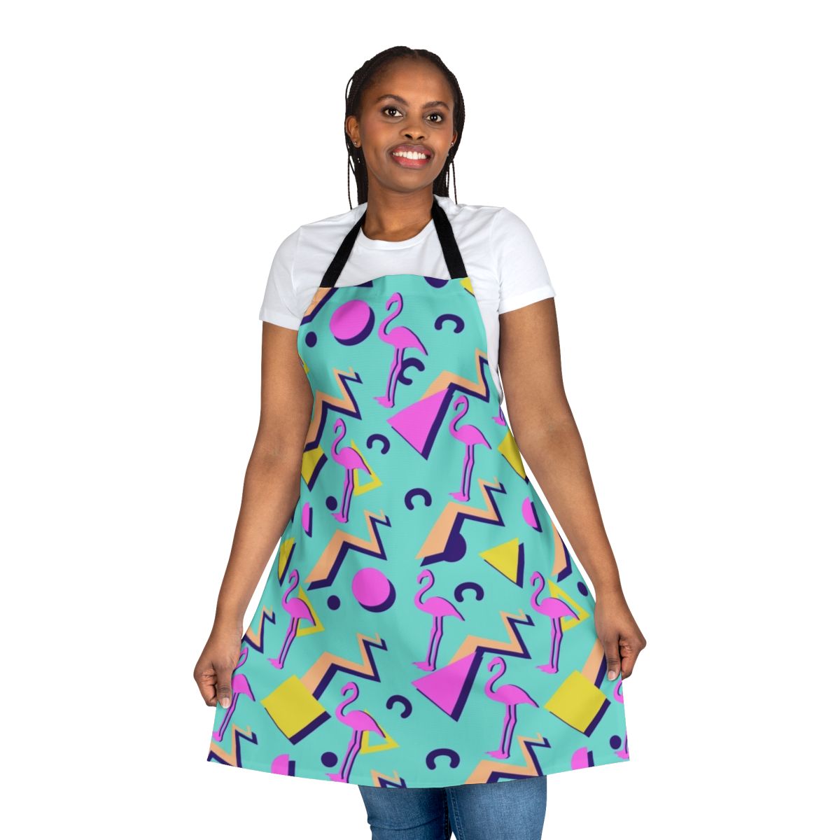 Vintage 80s style apron with a vibrant memphis pattern design featuring geometric shapes and flamingos