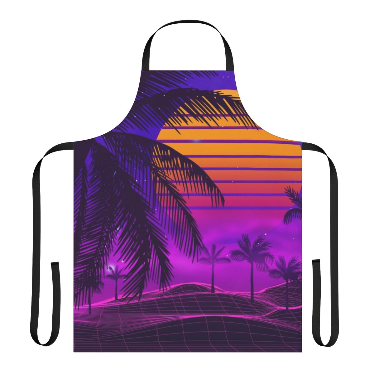 Retro 80s synthwave inspired apron with a vibrant sunset design