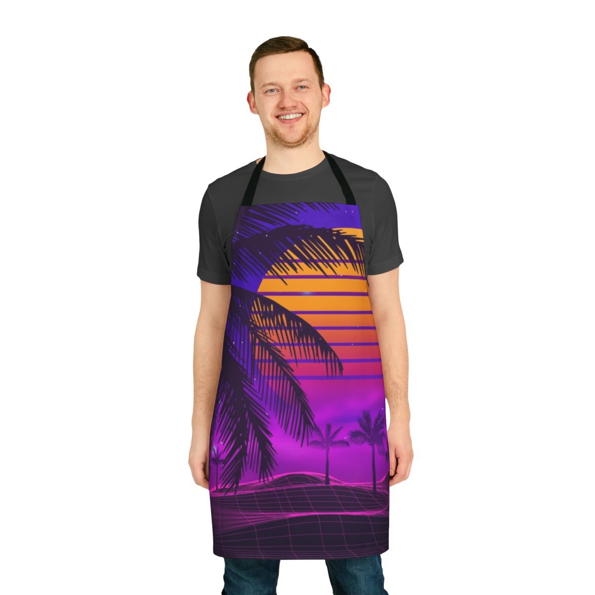 Retro 80s synthwave inspired apron with a vibrant sunset design