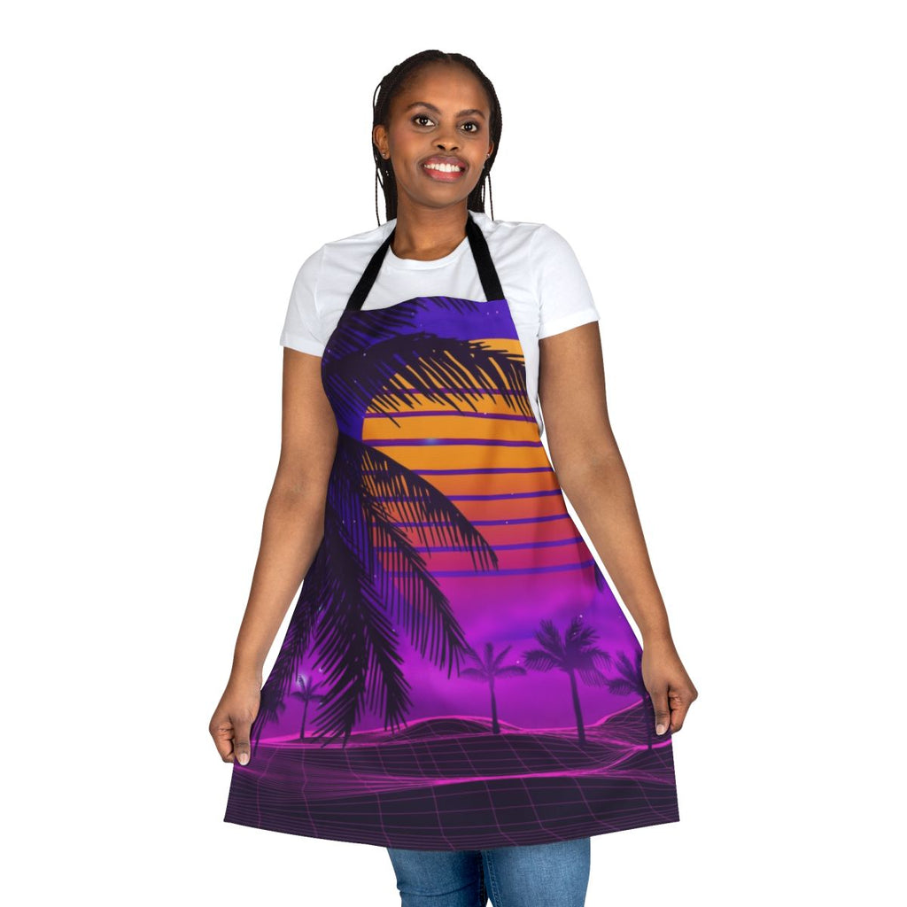 Retro 80s synthwave inspired apron with a vibrant sunset design