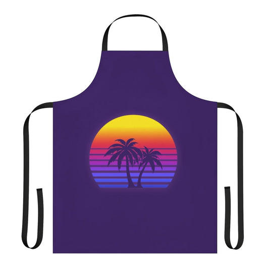 Retro 80s style apron with a synthwave design featuring sun and palm trees
