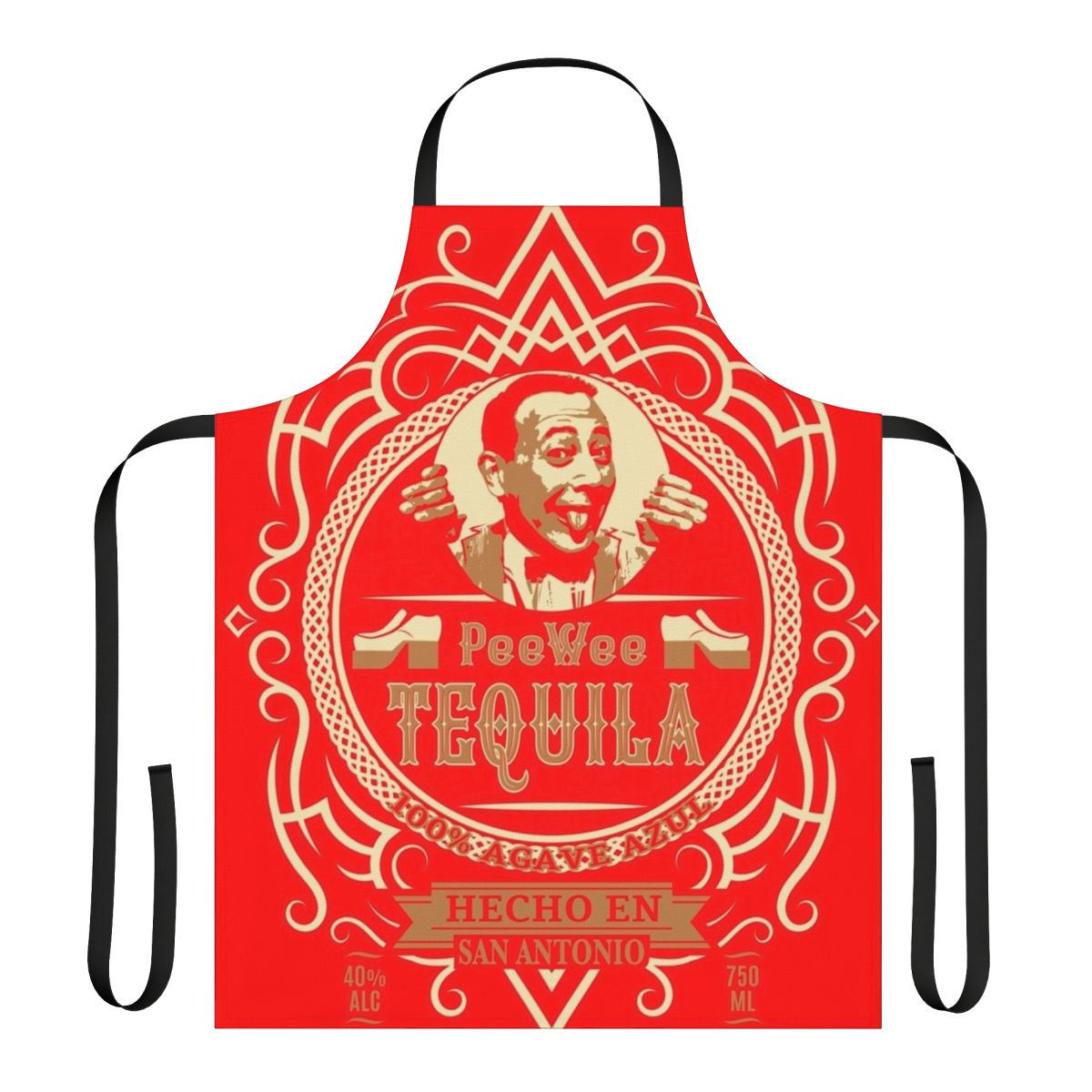 Pee Wee Herman inspired tequila label apron with retro 80s comedy style