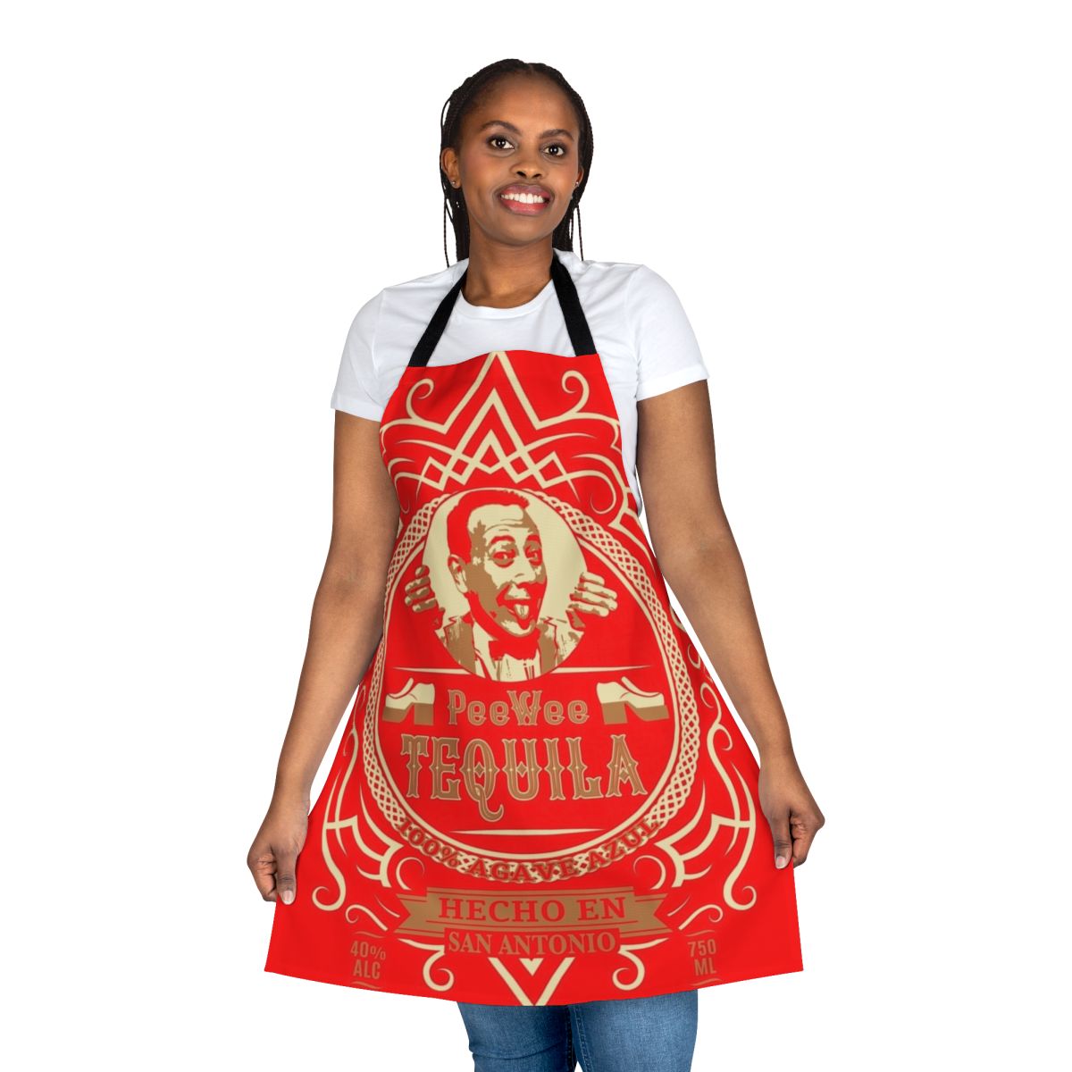 Pee Wee Herman inspired tequila label apron with retro 80s comedy style