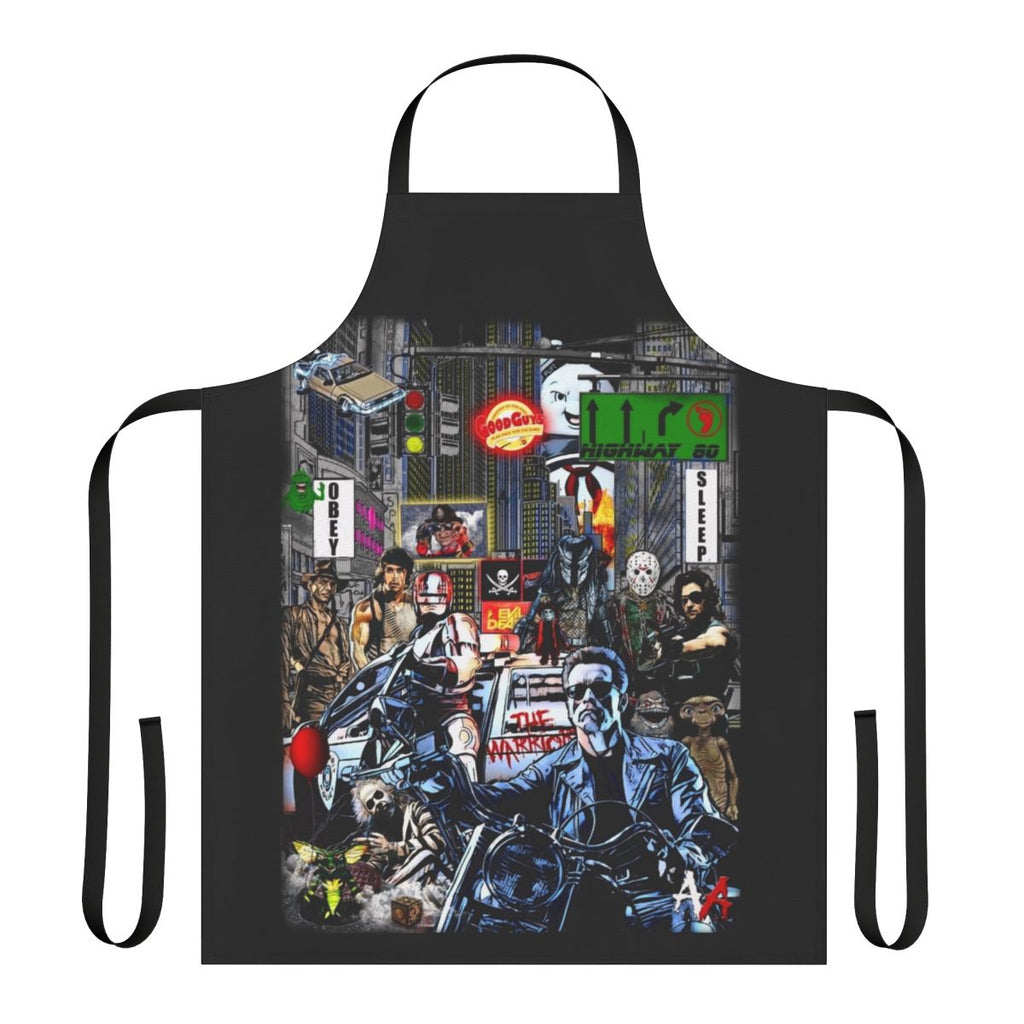 Retro 80s themed apron featuring classic 1980s movie references