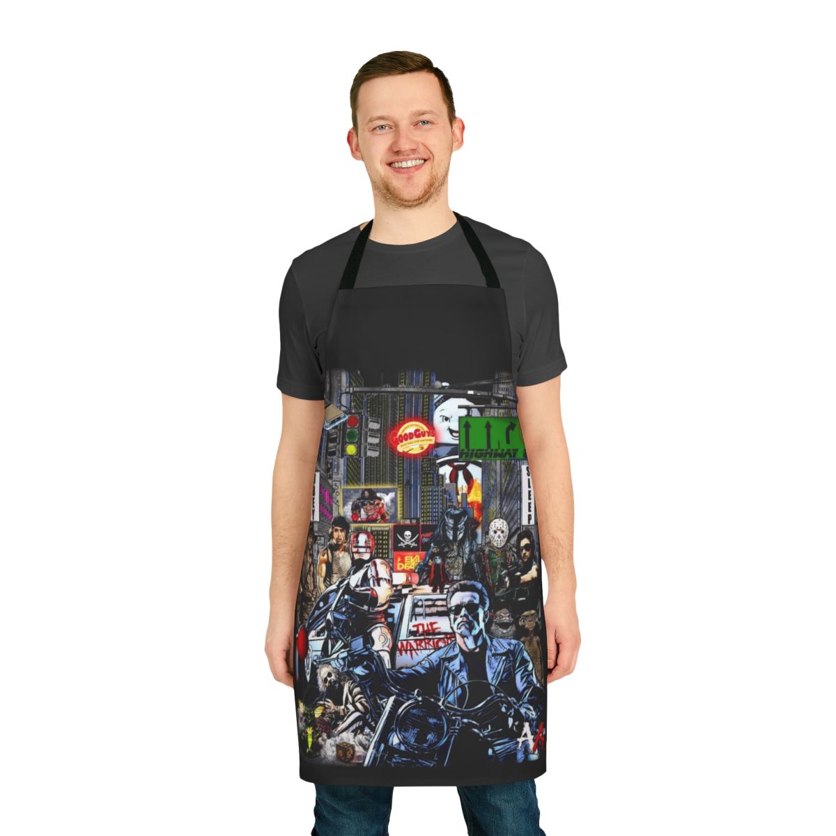 Retro 80s themed apron featuring classic 1980s movie references