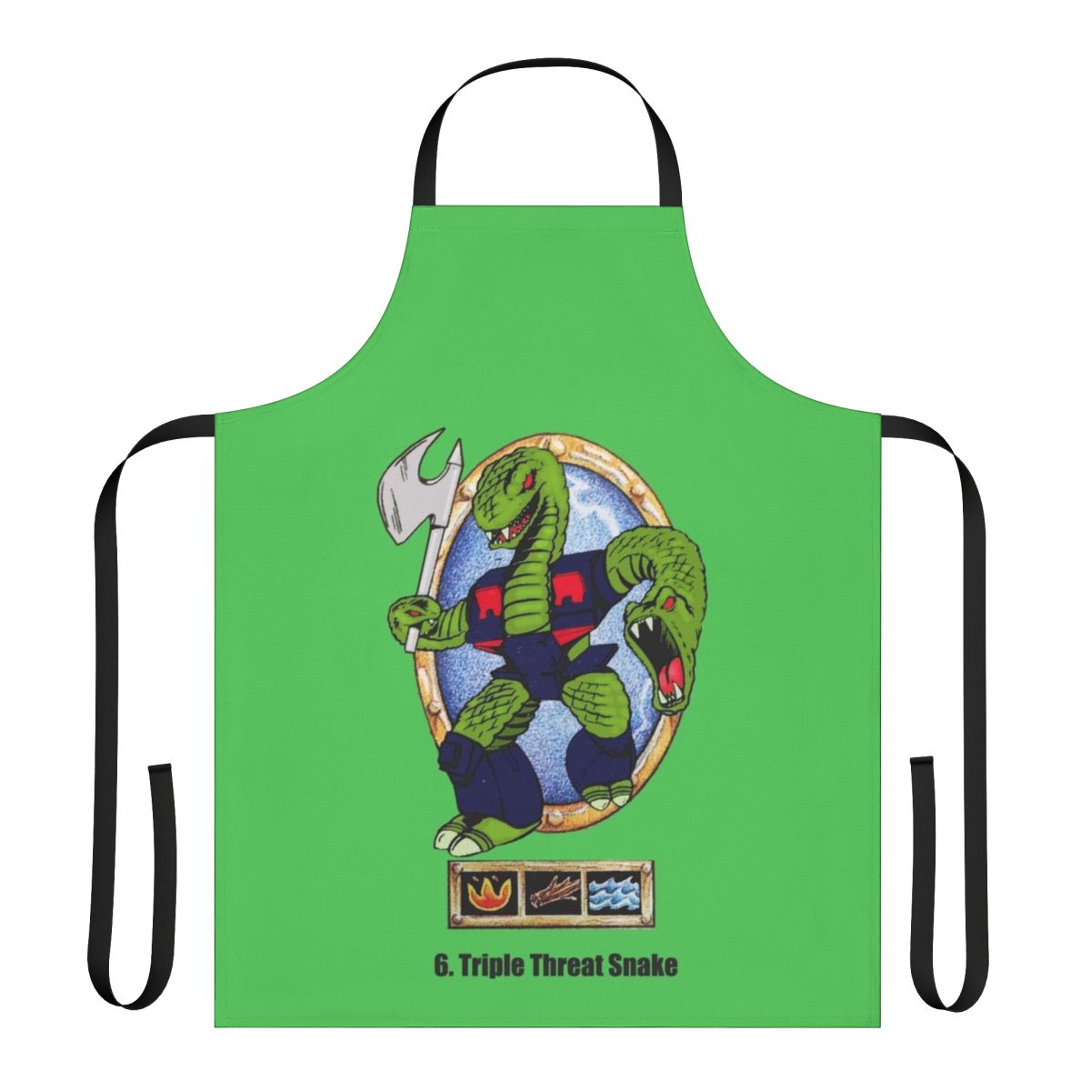 Colorful apron featuring classic 80s action figures and characters like Battle Beasts, Transformers, GI Joe, and more.
