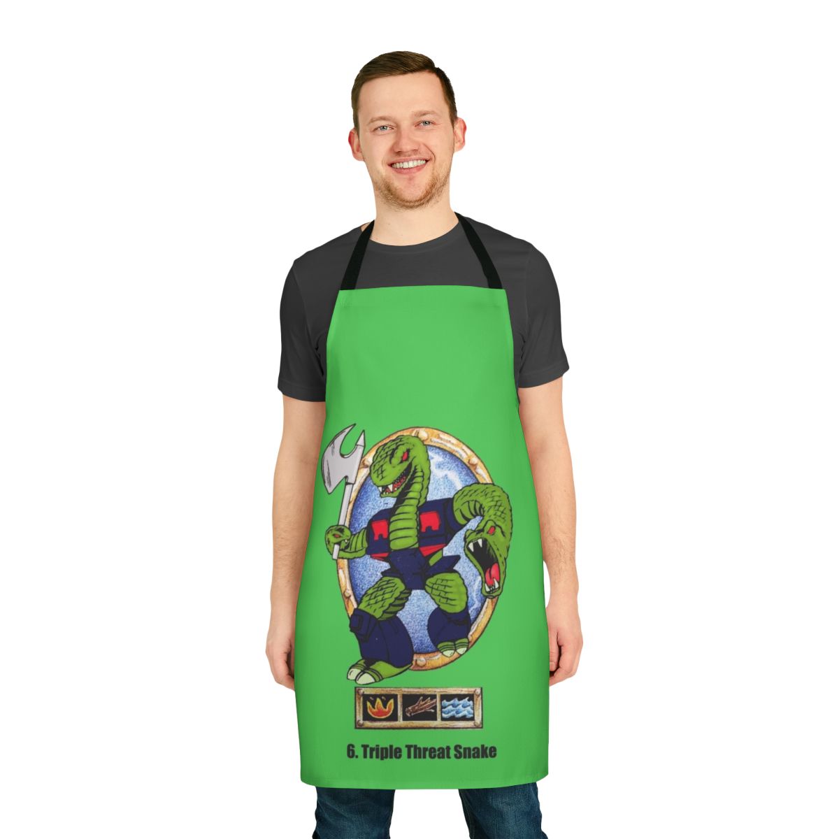Colorful apron featuring classic 80s action figures and characters like Battle Beasts, Transformers, GI Joe, and more.