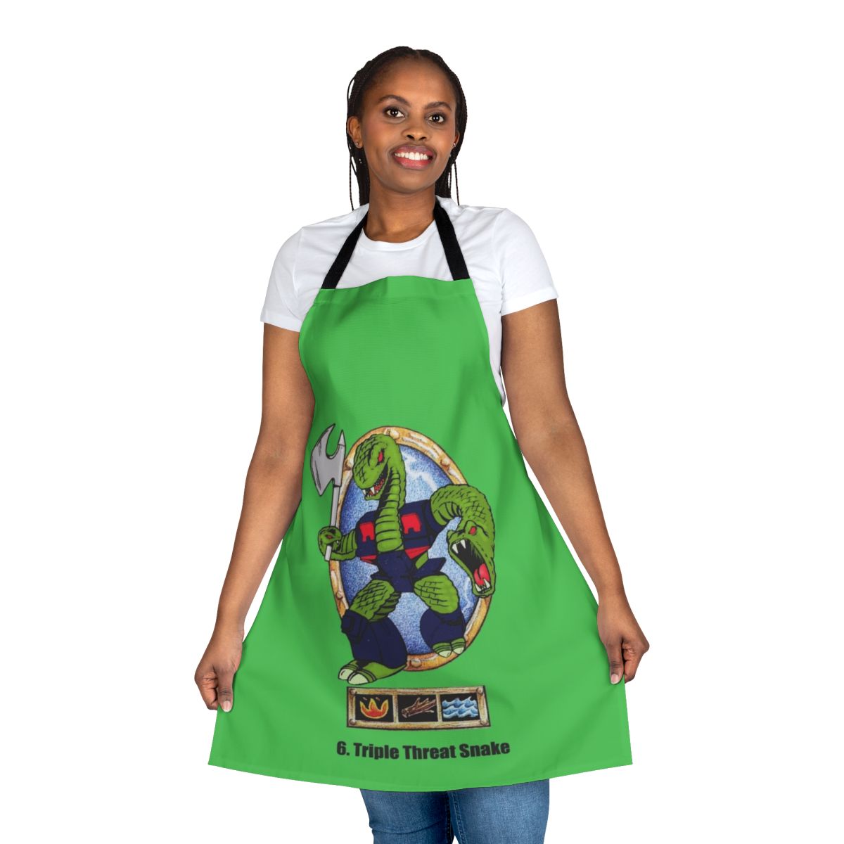 Colorful apron featuring classic 80s action figures and characters like Battle Beasts, Transformers, GI Joe, and more.