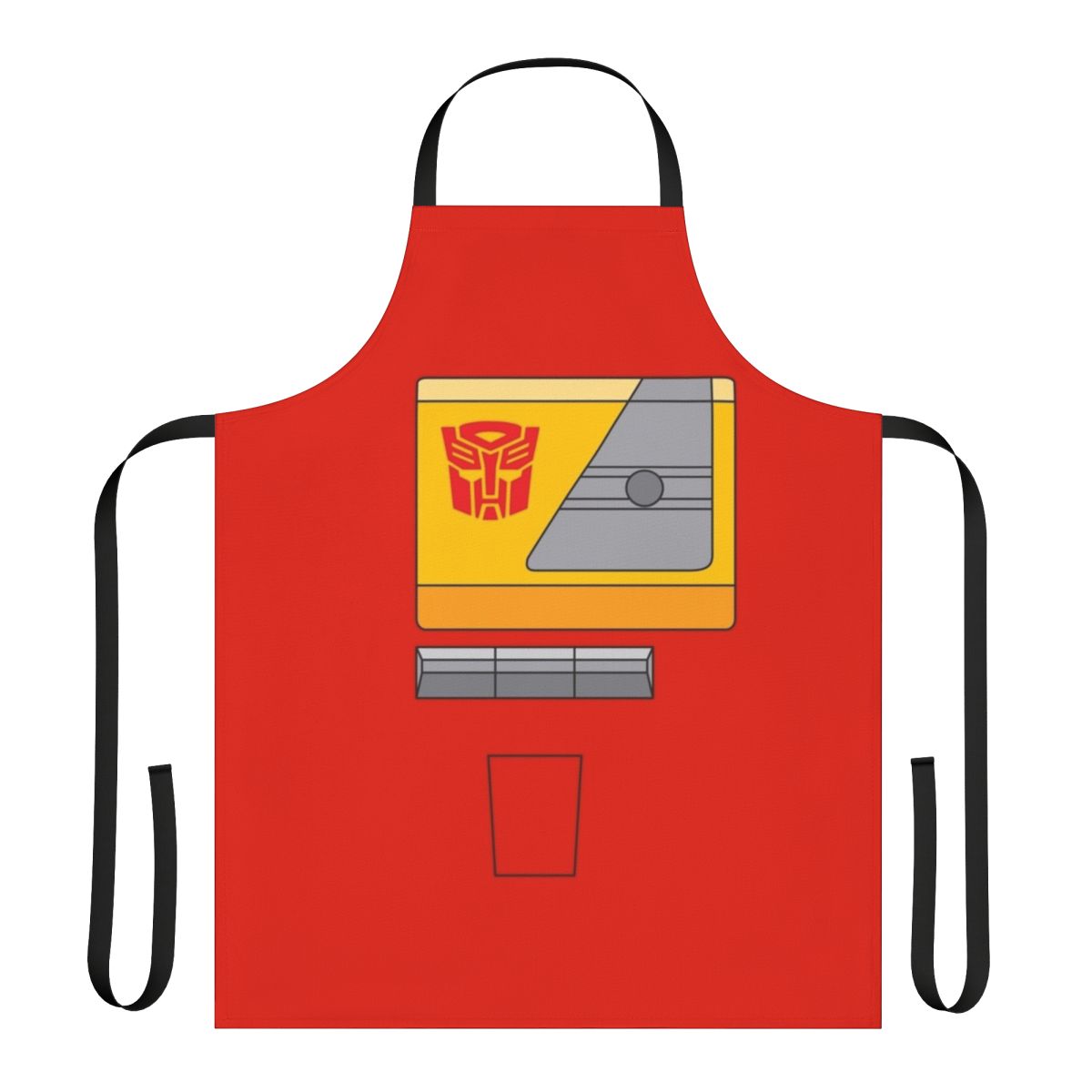 Stylized image of Transformers character Blaster on a retro-inspired apron