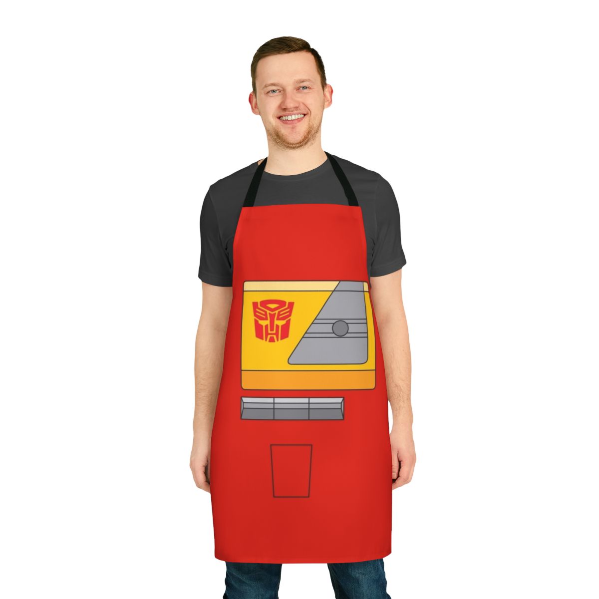 Stylized image of Transformers character Blaster on a retro-inspired apron
