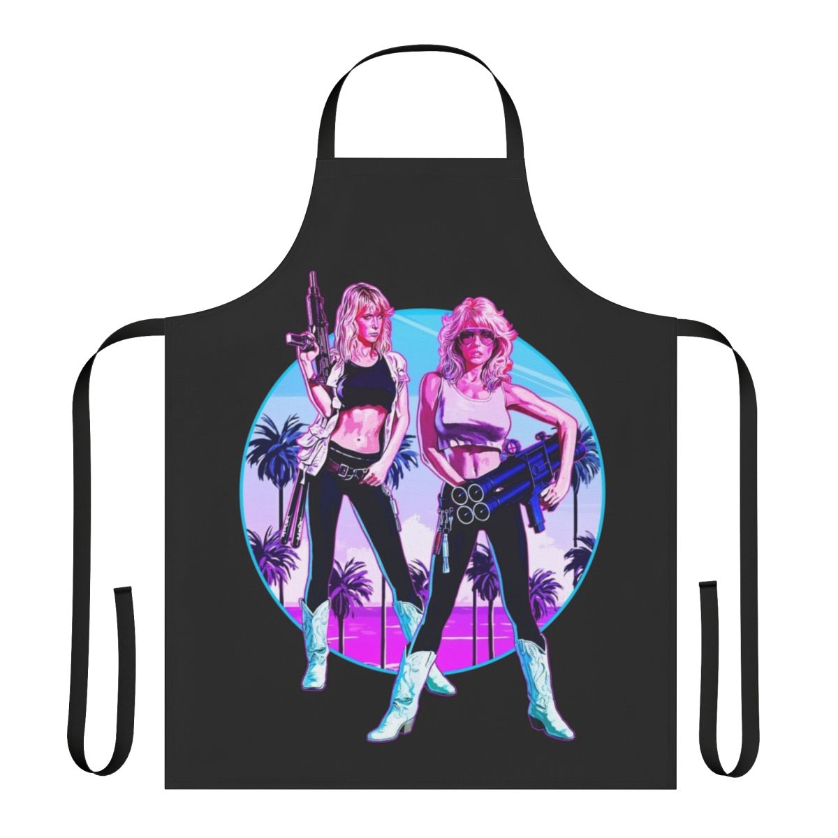 Retro 80s-style kitchen apron with tropical beach and action movie graphics