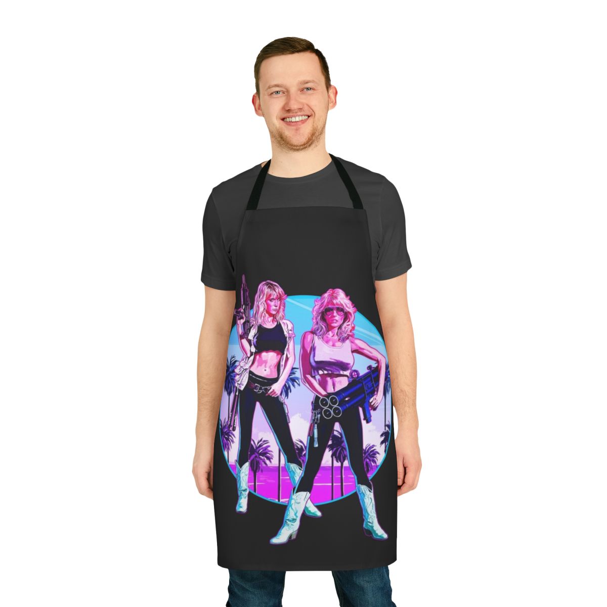 Retro 80s-style kitchen apron with tropical beach and action movie graphics