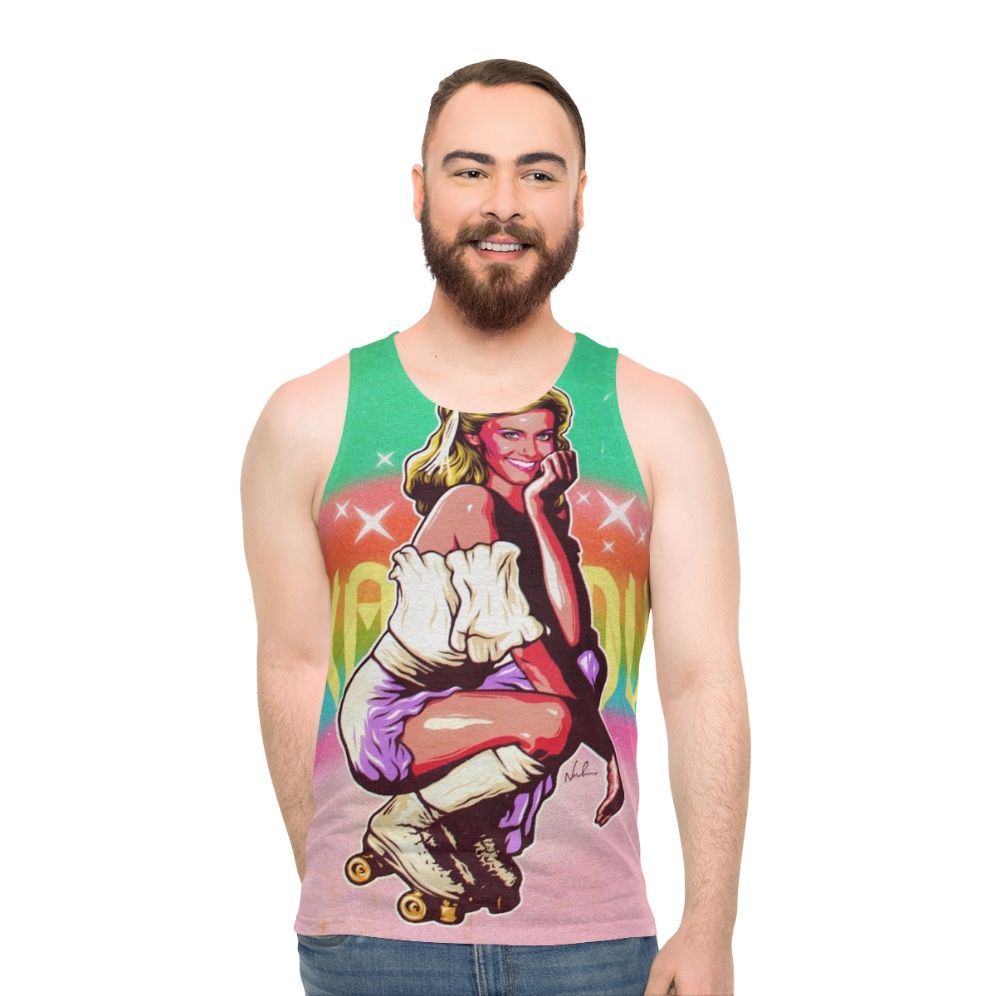 Retro 80s unisex tank top with rainbow and disco design