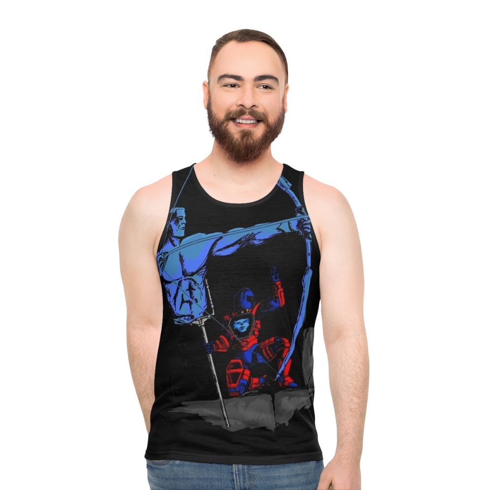 Retro unisex tank top with Cryotek-inspired 80s cartoon design