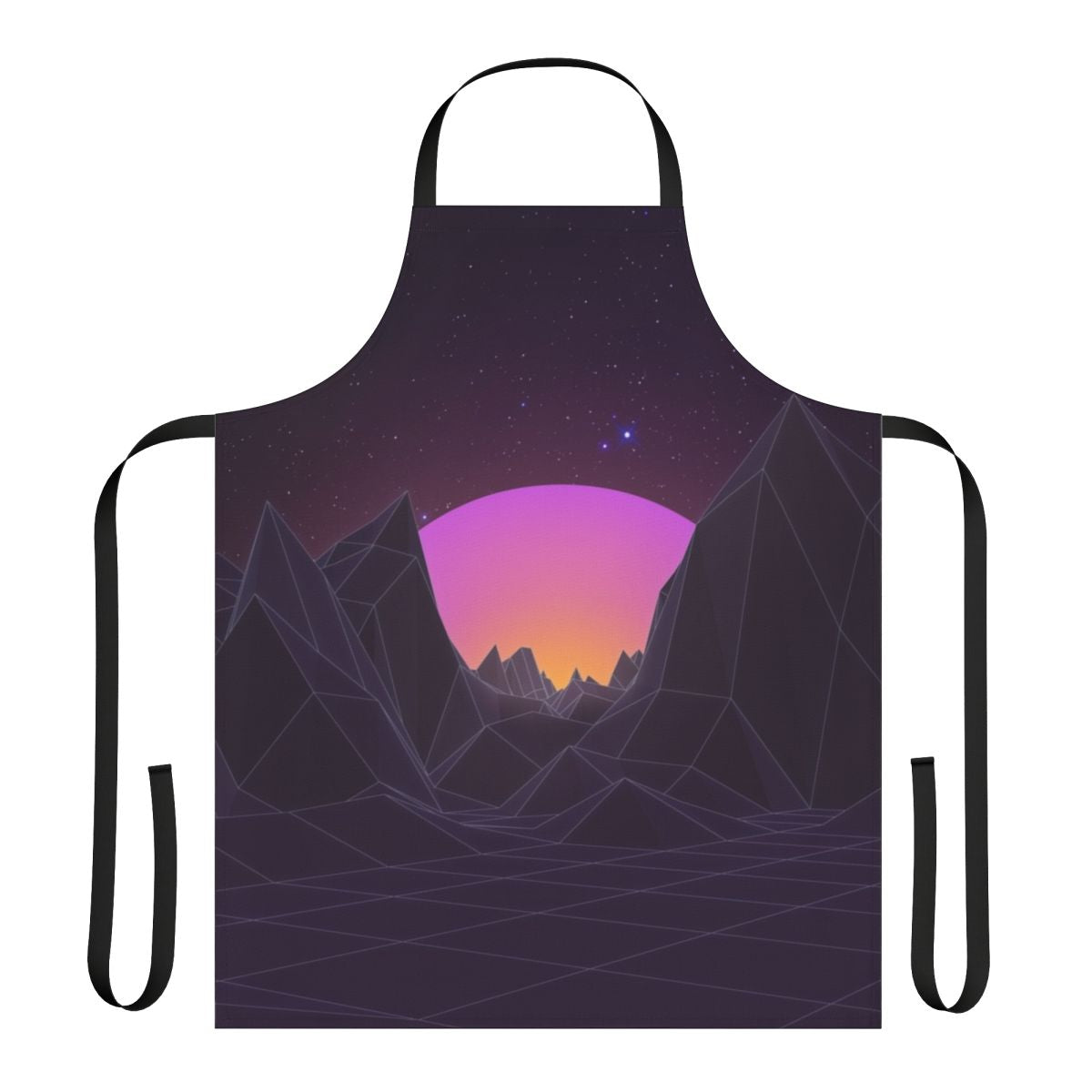 A retro-style apron with a vaporwave-inspired design featuring geometric patterns, pastel colors, and futuristic elements.