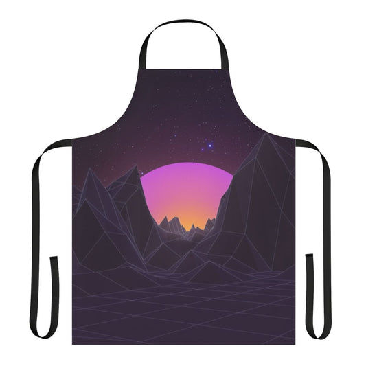 A retro-style apron with a vaporwave-inspired design featuring geometric patterns, pastel colors, and futuristic elements.