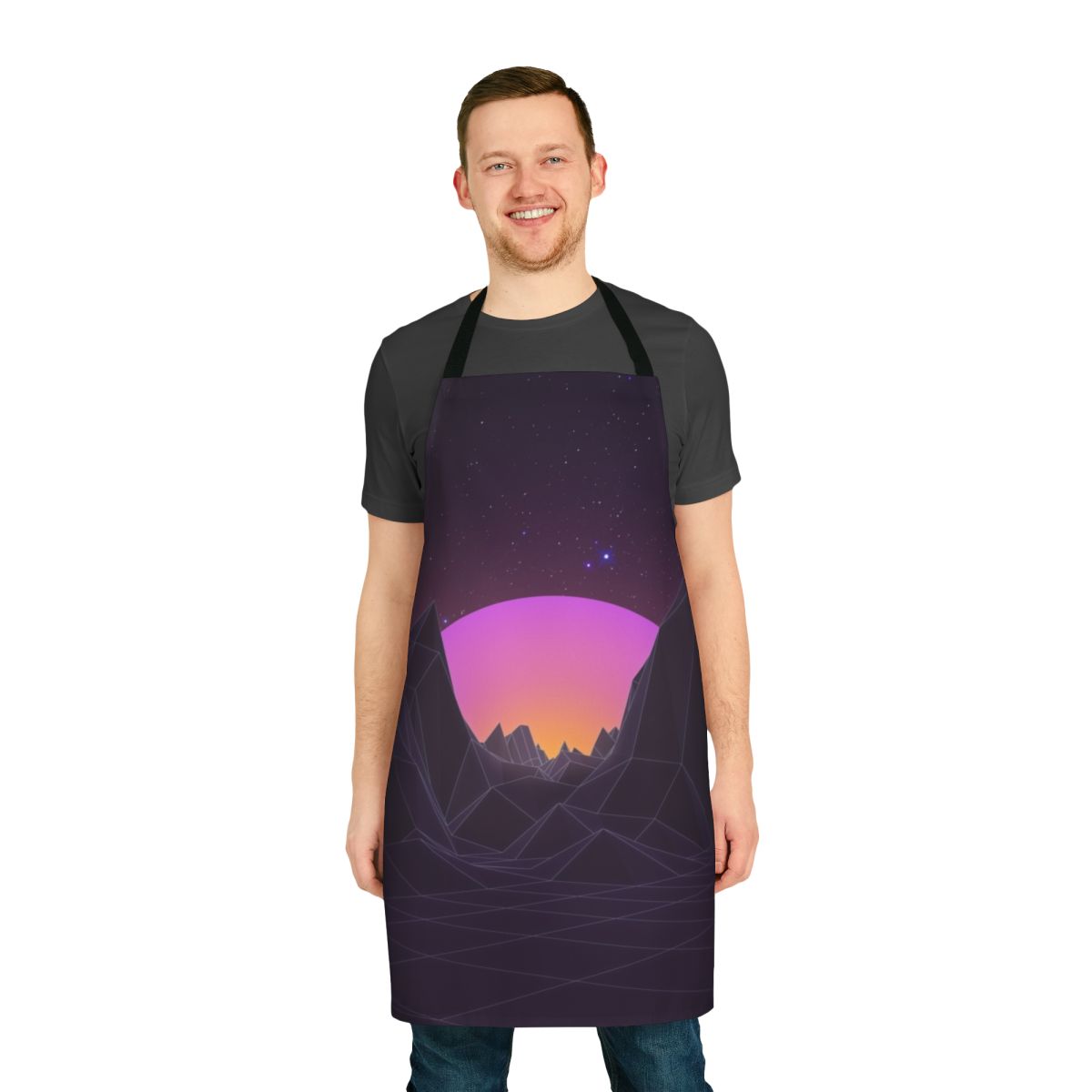 A retro-style apron with a vaporwave-inspired design featuring geometric patterns, pastel colors, and futuristic elements.