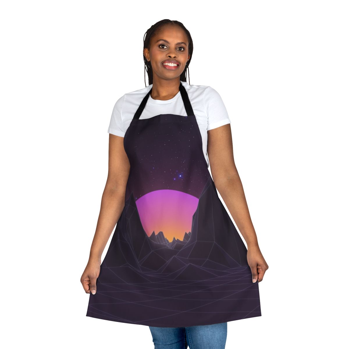 A retro-style apron with a vaporwave-inspired design featuring geometric patterns, pastel colors, and futuristic elements.