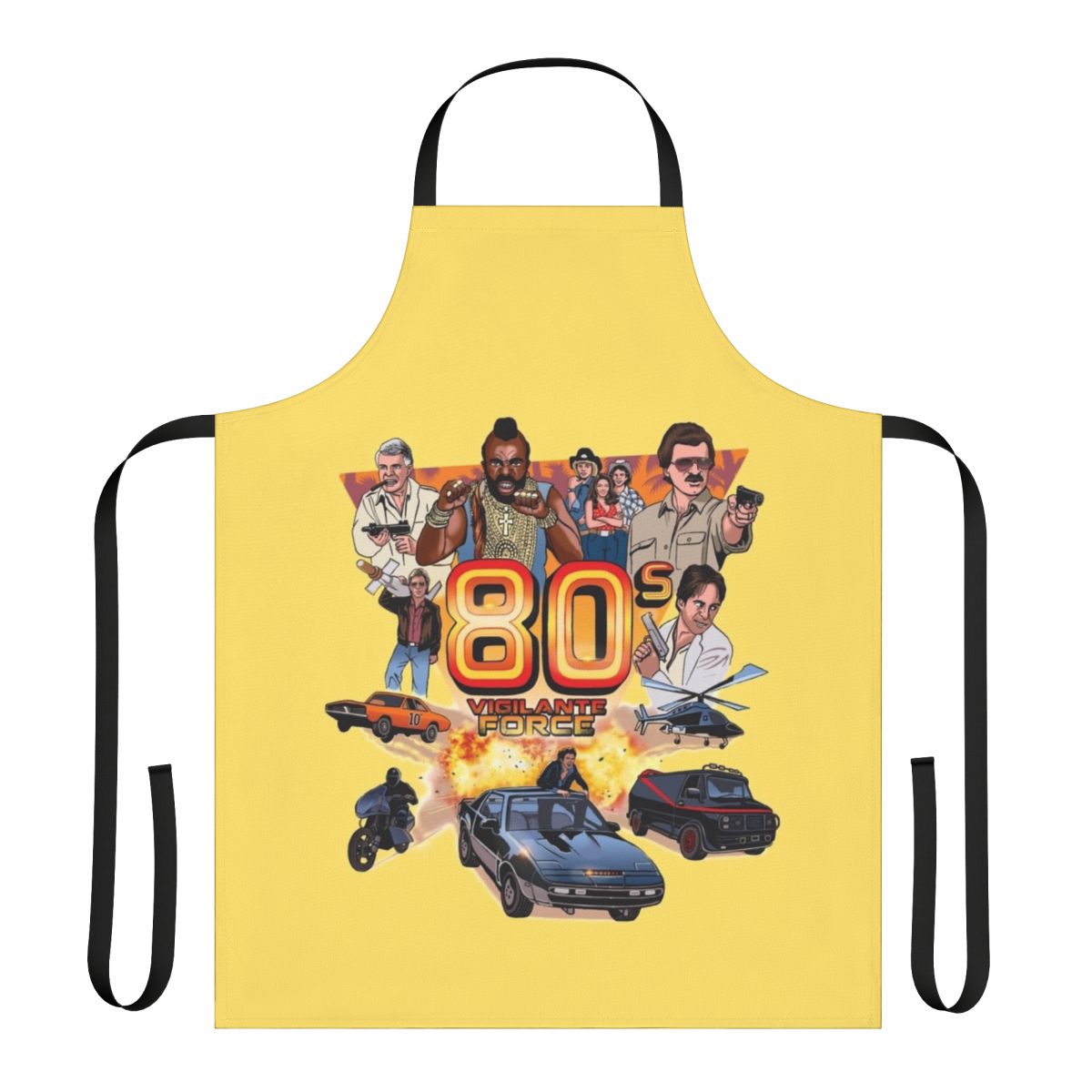 Colorful 80s inspired apron with vigilante force graphics