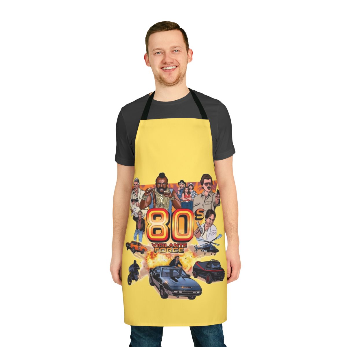 Colorful 80s inspired apron with vigilante force graphics