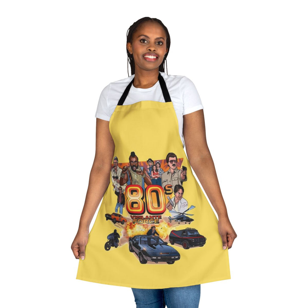 Colorful 80s inspired apron with vigilante force graphics