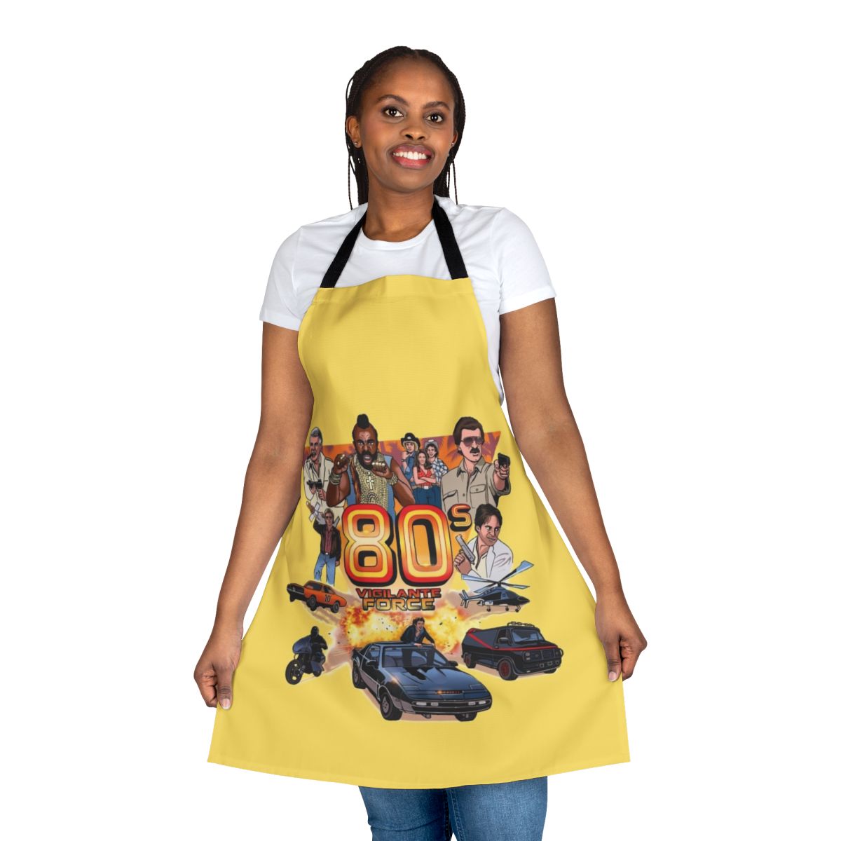 Colorful 80s inspired apron with vigilante force graphics
