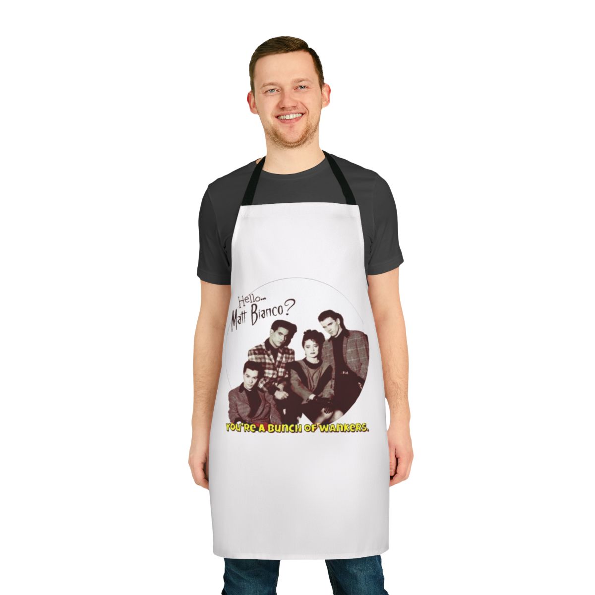 Retro-style 80s apron with "You're a Bunch of Wankers" text, inspired by the pop music group Matt Bianco and the TV show Saturday Superstore.