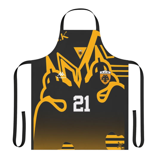 Retro 90s AEK Athens football-themed apron with vintage Greek soccer design