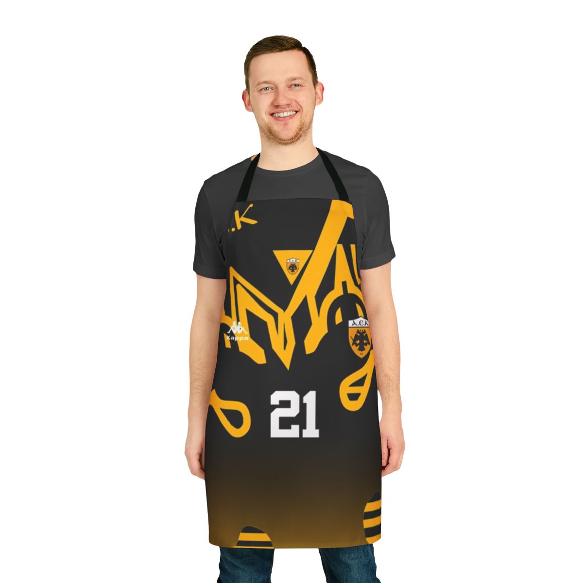 Retro 90s AEK Athens football-themed apron with vintage Greek soccer design