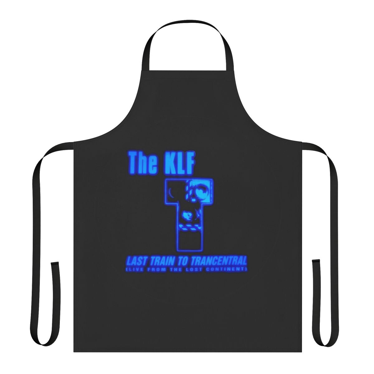 Retro 90s apron featuring The KLF's "Last Train to Trancentral" design