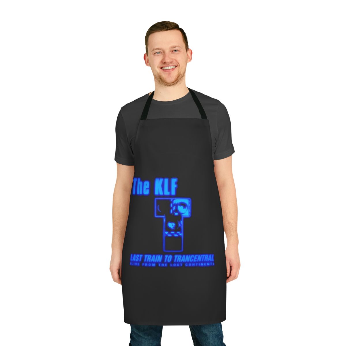 Retro 90s apron featuring The KLF's "Last Train to Trancentral" design