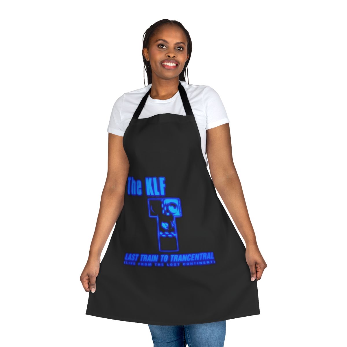 Retro 90s apron featuring The KLF's "Last Train to Trancentral" design
