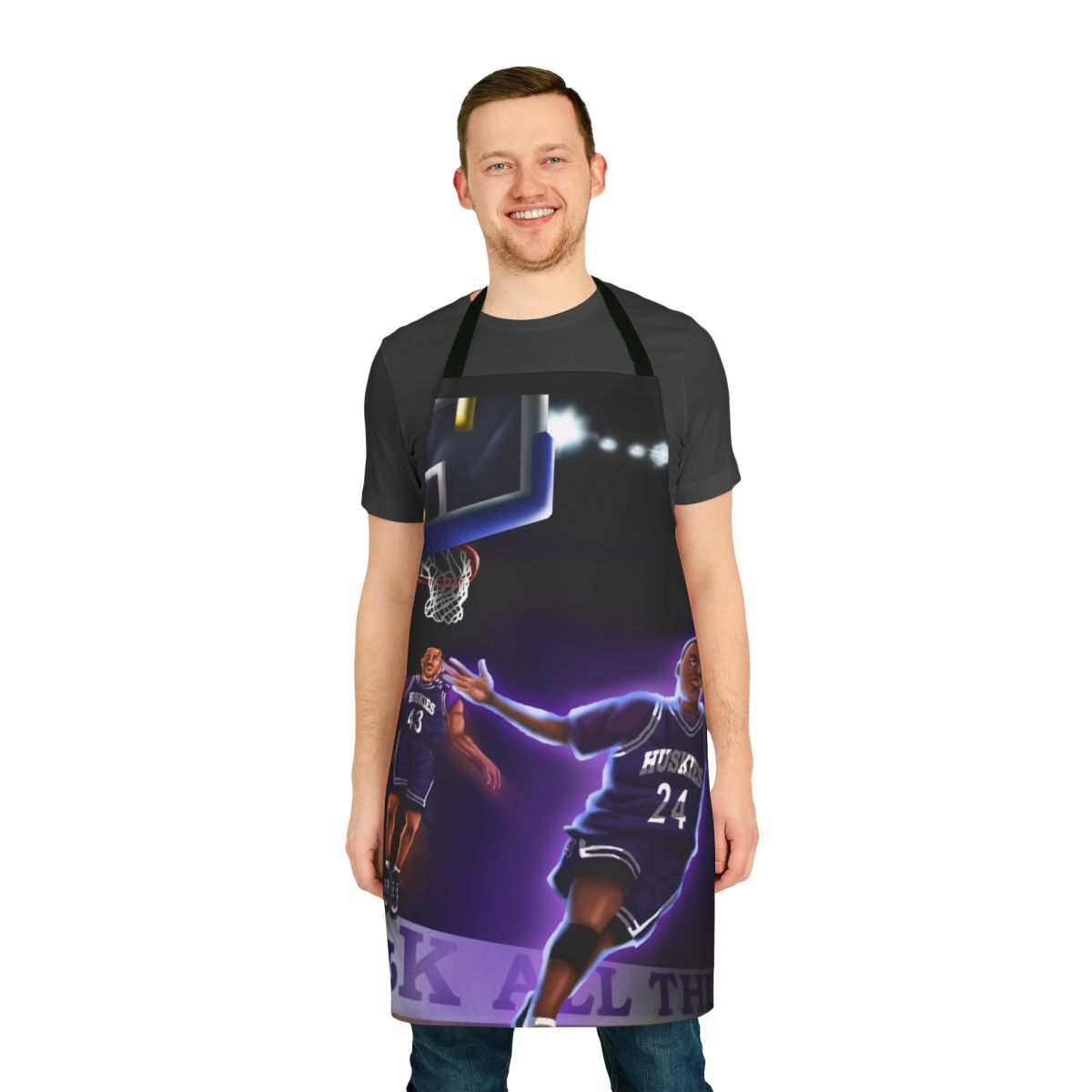 Retro 90s basketball-themed apron featuring the "A.K. Alley Oop" design