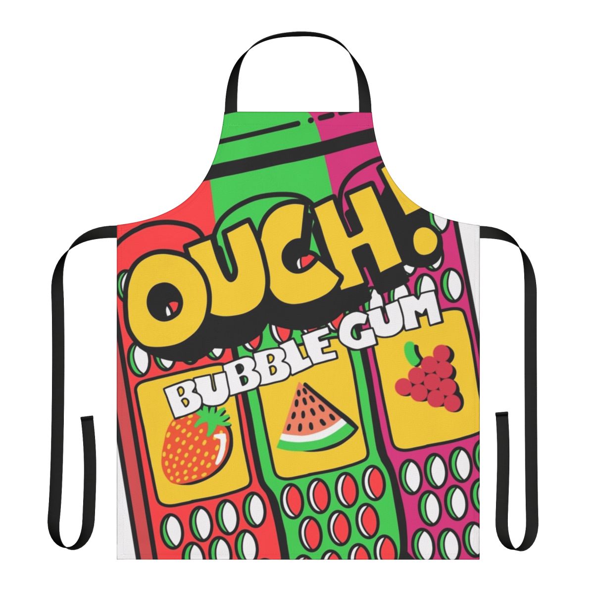 Colorful 90s-inspired apron featuring retro bubblegum artwork and sweet fruit flavors
