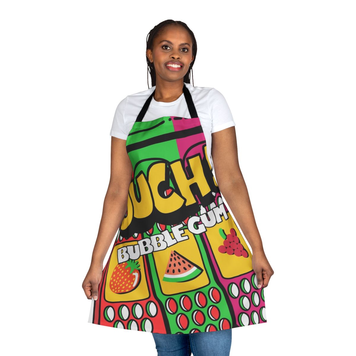 Colorful 90s-inspired apron featuring retro bubblegum artwork and sweet fruit flavors