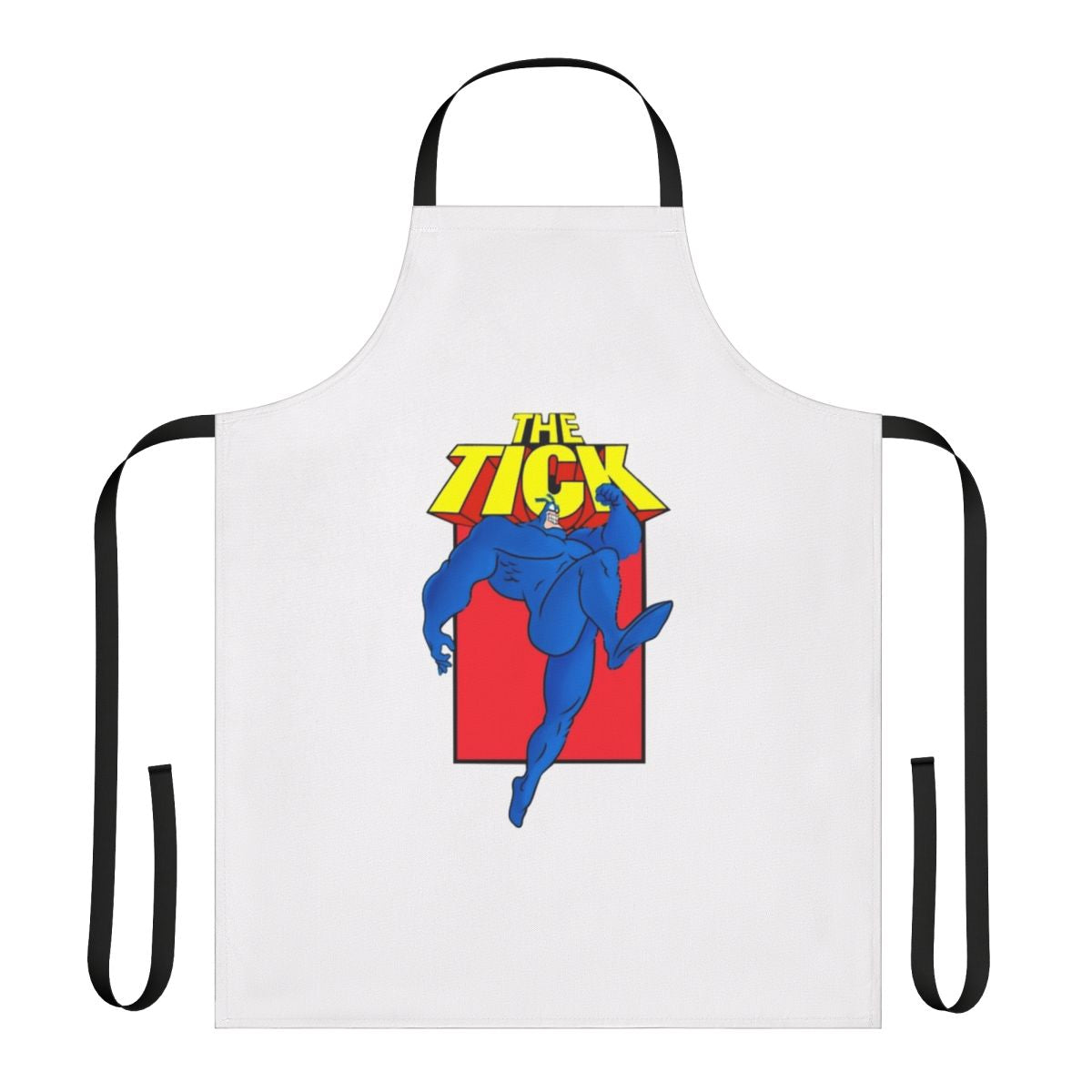 Retro 90s cartoon superhero apron featuring the iconic character The Tick