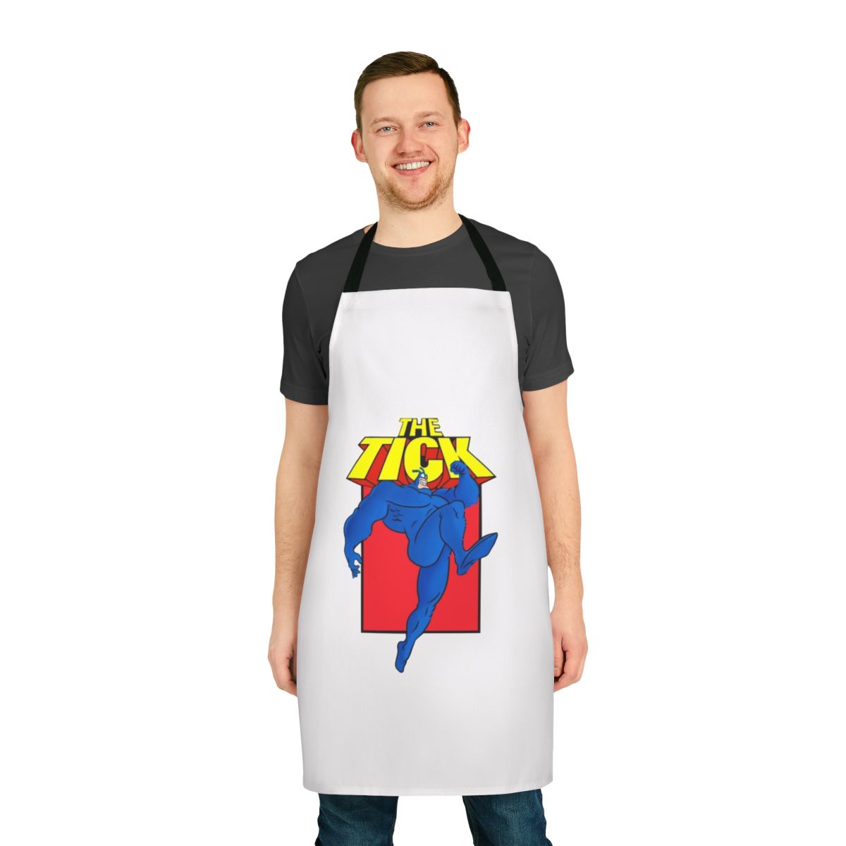 Retro 90s cartoon superhero apron featuring the iconic character The Tick