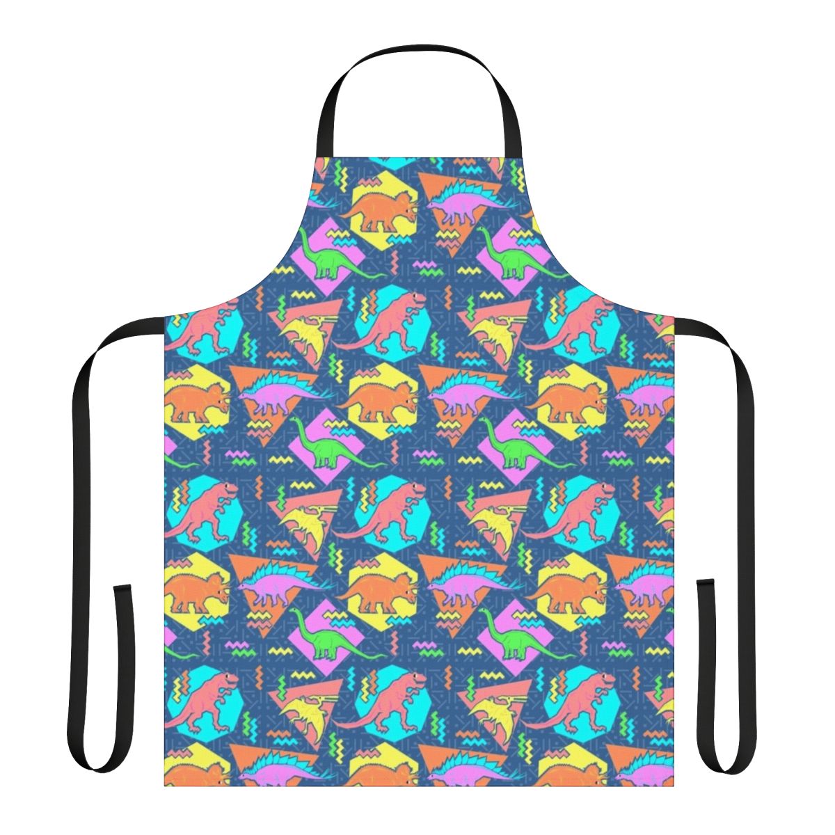 Apron featuring a 90s-inspired dinosaur pattern with geometric shapes and a retro, grunge-style design.