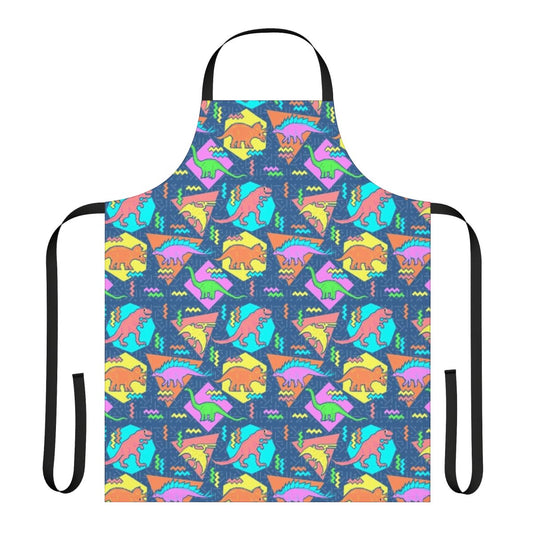Apron featuring a 90s-inspired dinosaur pattern with geometric shapes and a retro, grunge-style design.