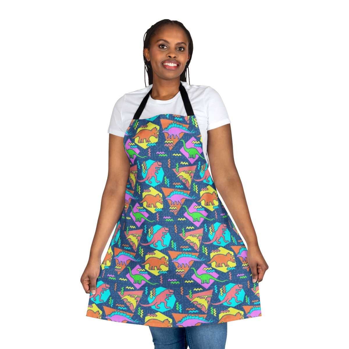 Apron featuring a 90s-inspired dinosaur pattern with geometric shapes and a retro, grunge-style design.