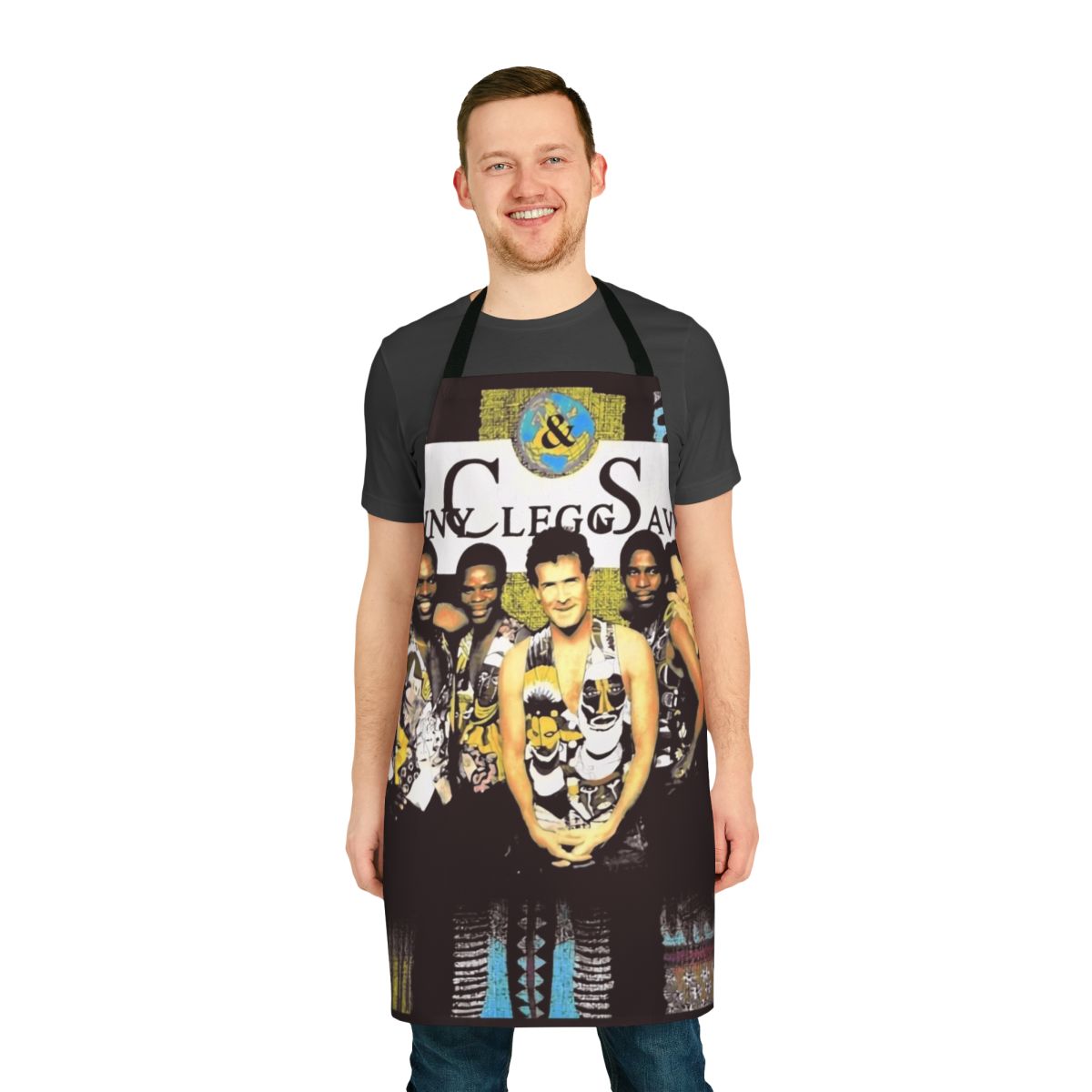 Retro 90s grunge-inspired apron featuring a vintage Johnny Clegg and Savuka design