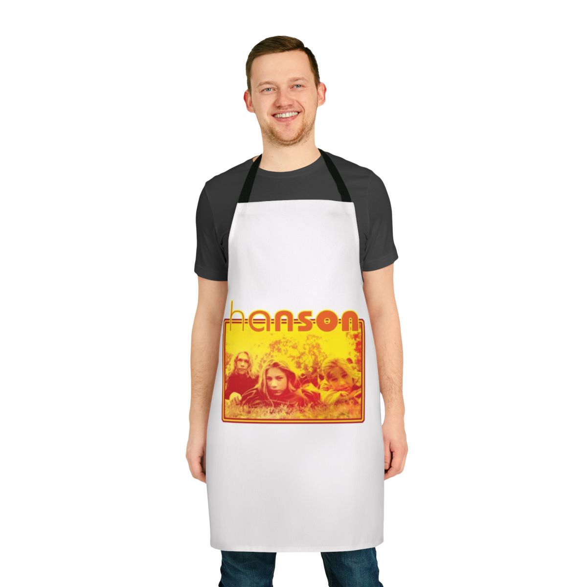Vintage-inspired apron featuring the iconic MMMBop logo and design from the 90s pop band Hanson.