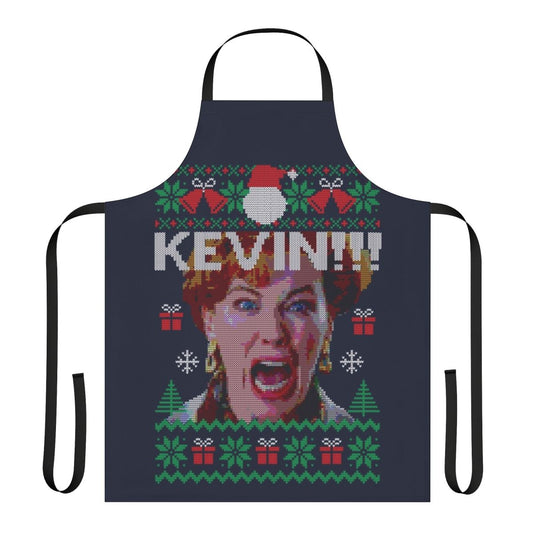 Retro 90s-style apron featuring Home Alone movie imagery and graphics